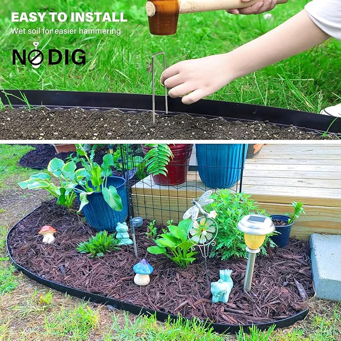 Landscape Edging 3 in x 98 FT, Garden Edging Borders with 150 Pieces Metal Stakes, Flexible Lawn Edging Border Kit, DIY Plastic Fence Edge for Tree, Yard, Flowerbeds,Grass,Landscaping, Path Way