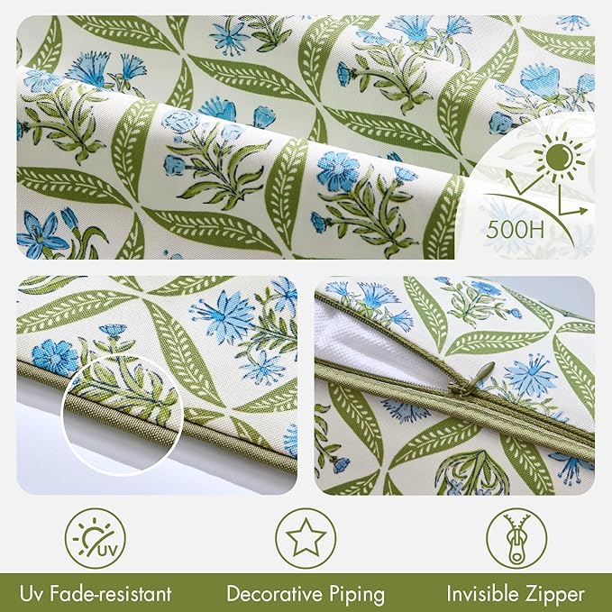ANRODUO Floral Outdoor Pillow Covers 12x20 Waterproof Set of 2 Lumbar Block Print Decorative Cushion Cases with Refined Edge Piping for Spring Patio Porch Garden Couch Sofa Bench Decor Green