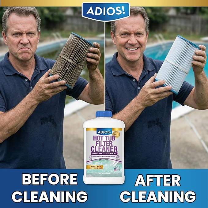 Adios! Hot Tub 4X Filter Cleaner for Spas – Deep Cleaning Soaking Solution Dissolves Grease and Grime, Unclogging and Restoring Water Flow (32oz)