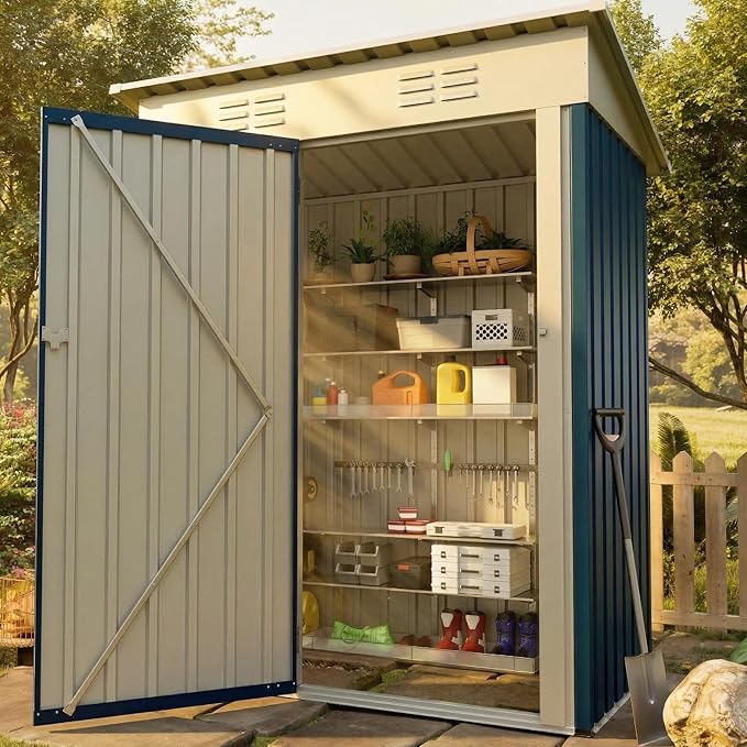IDEAHOUSE 5x3FT Galvanized Steel Outdoor Storage Shed, Weather-Resistant Tool Organizer with Lockable Door & Sloped Roof, Perfect for Garden, Patio, Backyard & Lawn Equipment Storage