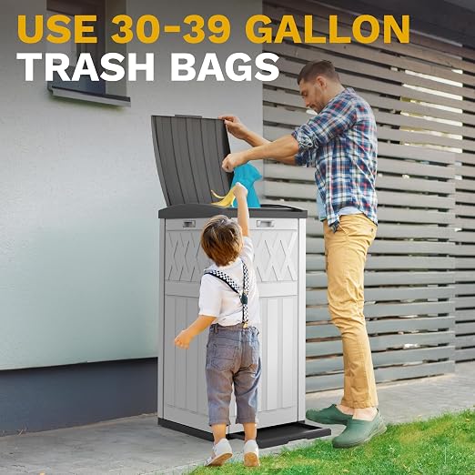 DWVO 38 Gallon Outdoor Trash Can, Resin Garbage Can with Tiered Lid and Drip Tray, Waterproof Trash Bin for Patio, Kitchen, Backyard(Grayish-White)