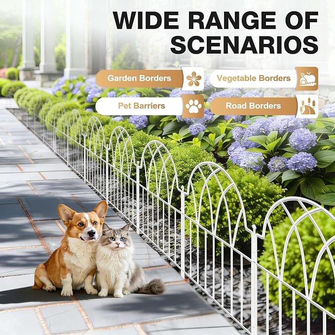 Garden Fence Panels - 17 in(H) x 10.56ft(L) White Metal Fence No Dig Decorative Fence with Stakes Animal Barrier Fence for Dogs, Flower Bed Edging Wire Border for Yard, Patio, Outdoor Decor