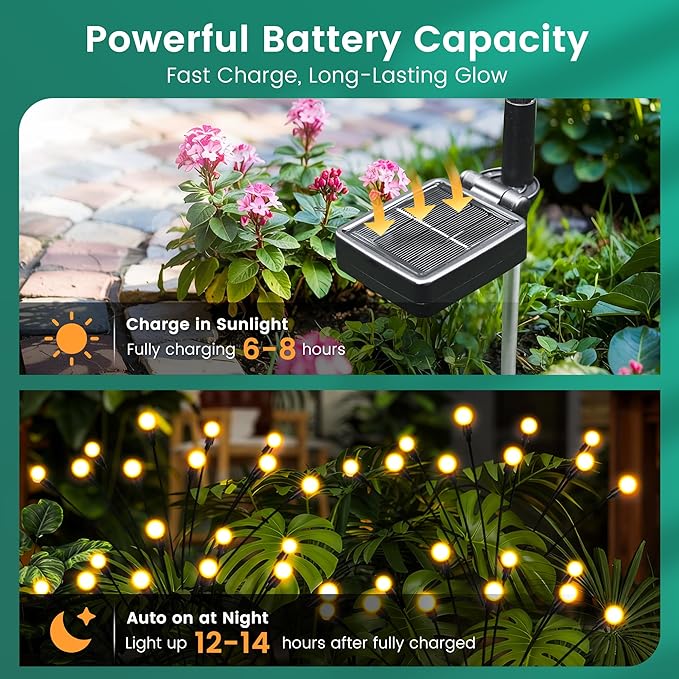 Solar Garden Lights, LED Swaying Solar Lights Outdoor Waterproof, Warm White Firefly Outdoor Decorative Lights, Garden Decor, Yard, Patio, Pathway Decoration Gardening Gifts (8 Pack)