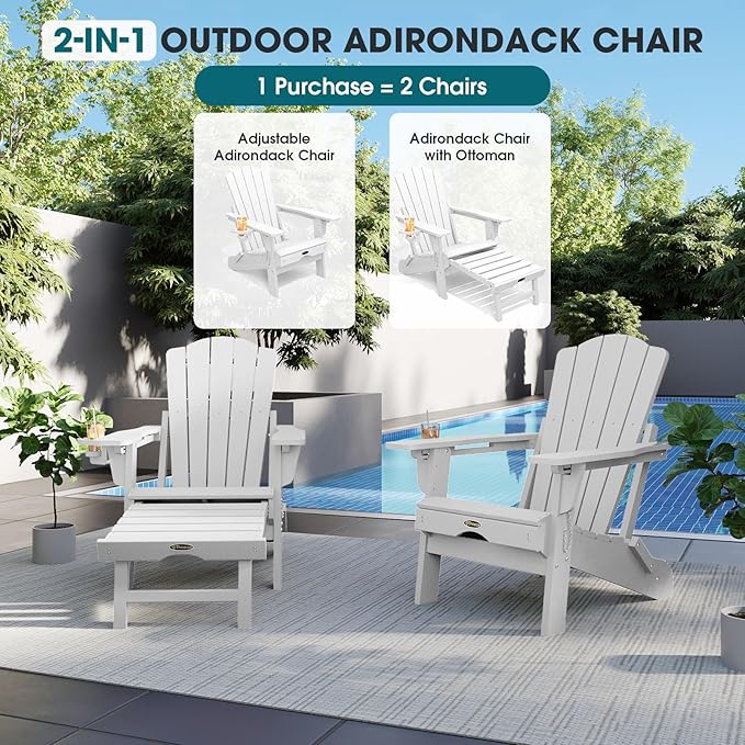 THOEOE Folding Adjustable Adirondack Chairs with Ottoman & 1 Cup Holders Set of 2, HDEP Multifunctional Adirondack Chair with Footrest,White