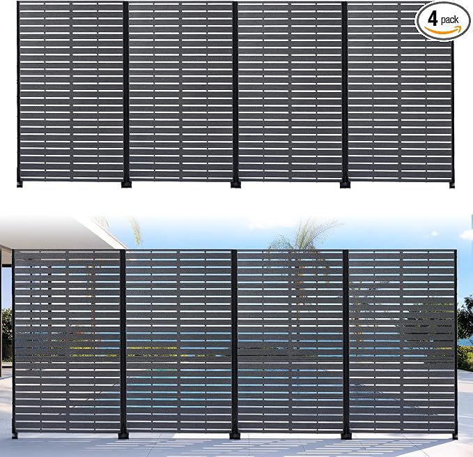 Privacy Screen Outdoor 60" Hx35 W Freestanding Privacy Panel with Stand, HDPE Decorative Privacy Fence with Sandblasting Louver Pattern, Patio Divider Screen, Privacy Screens for Outside