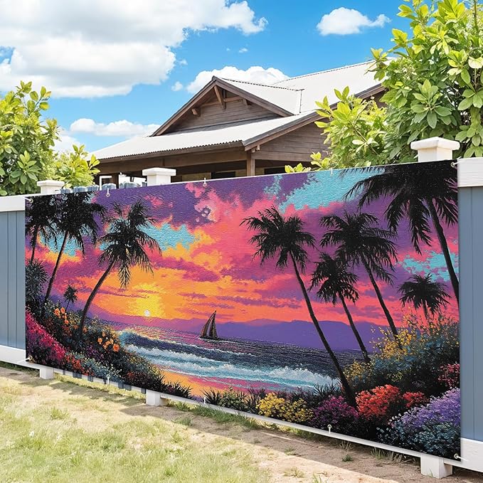 7 * 16FT Summer Sunset Garage Door Cover Decorations Sunset Palm Trees Garage Door Banner for Outdoor Indoor Summer Party Photography Backdrop