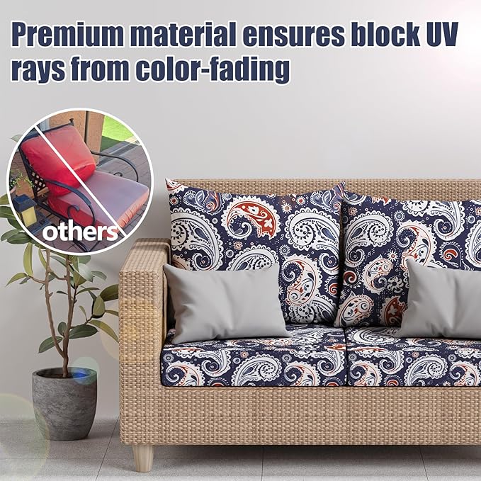 8Pcs Patio Stretch Cushion Covers, Outdoor Couch & Sofa Replacement Slipcovers for Patio Furniture Cushion Covers, Washable Reusable Furniture Protector, Square Large, Blue Paisley