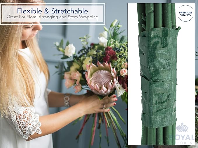 Royal Imports Floral Tape Green, Flower Stem Wrap Adhesive Waterproof Florist Tape for Decorative Bouquets Arranging and Crafts - 0.25" (60 Yd/180Ft) - 1 Roll