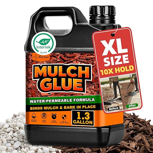 JDiction Mulch Glue for Landscaping - 1.3 Gallon Intertek Certified Safe Rock Glue, 10X Mega Strength Gravel Binder for Rubber Mulch, Pebbles & Stone, No White Residue, Water Permeable, Lasts 2 Years