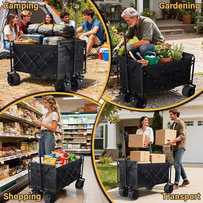 Foldable Wagon Cart with Wheels, Heavy Duty Collapsible Wagon, 600 lbs Capacity, 220L Large Capacity Utility Wagon, Dual Brakes & All-Terrain Wheels for Groceries, Beach, Camping, Apartment Moving