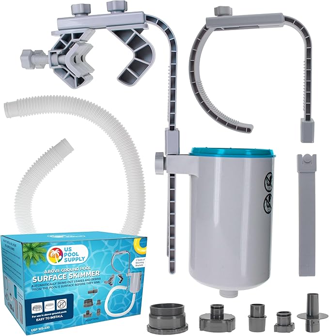 U.S. Pool Supply Pool Skimmer - Above Ground Pool Skimmer, Floating Surface Skimmer, 5 Adapters, Pool Accessories - Clean Dirt Basket, Wall Mount, Attach to Inflatable Collars, Tubular, Metal Frames