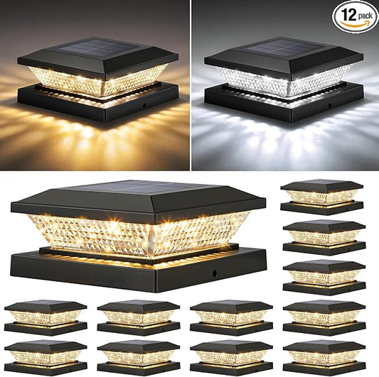 Mlambert 4x4 Solar Post Cap Lights Outdoor 12 Pack, Waterproof Solar Fence Light for Wooden/Vinyl Post, 2 Color Outside Deck Patio Porch Decor, Black