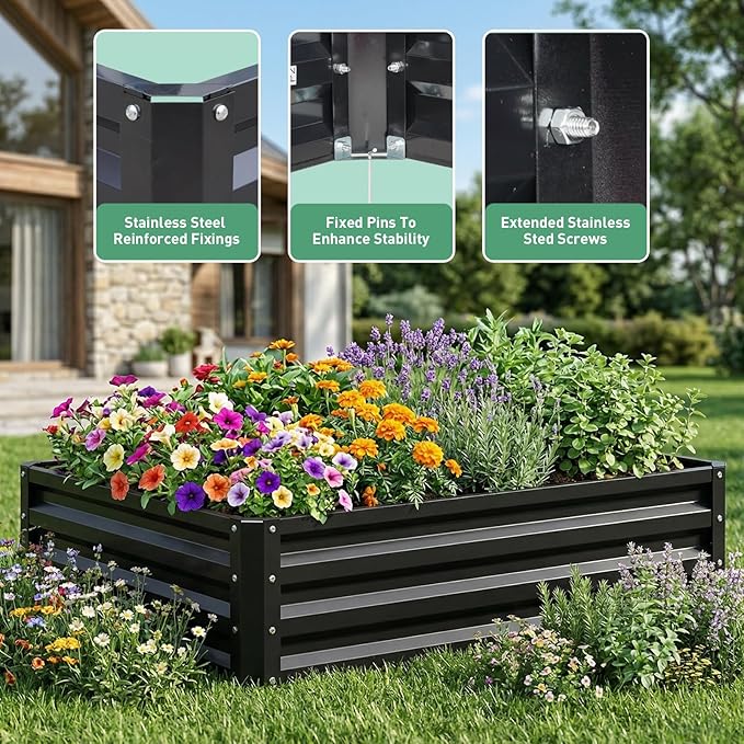 ONCEMORE 4x3x1 FT Metal Raised Garden Bed,Galvanized Steel Raised Garden Bed for Gardening Vegetables Fruit,20pcs T-Types Tags & 1 Pair of Gloves