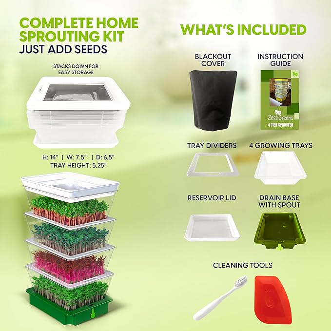 ZESTIGREENS 4-Tier Sprouting Kit - Stackable Seed Sprouter Trays with Drain Spout - Grow Fresh Sprouts at Home - BPA-Free