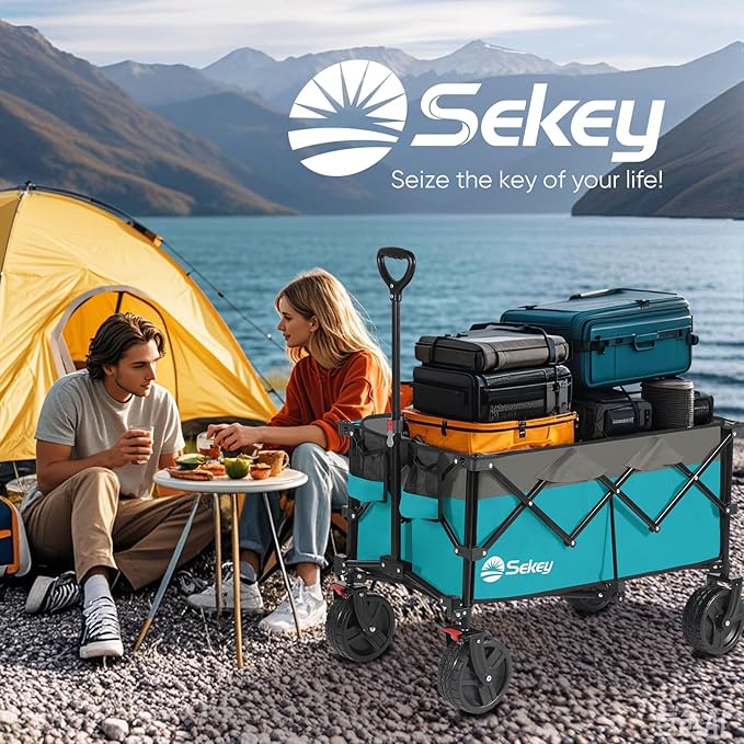 Sekey 220L Wagons Carts Foldable with Big All-Terrian Beach Wheels, Collapsible Heavy DutyWagon with Cup Holders, Extra Large Folding Wagon,Foldable Wagon for Camping, Garden, Sports.Turquoise