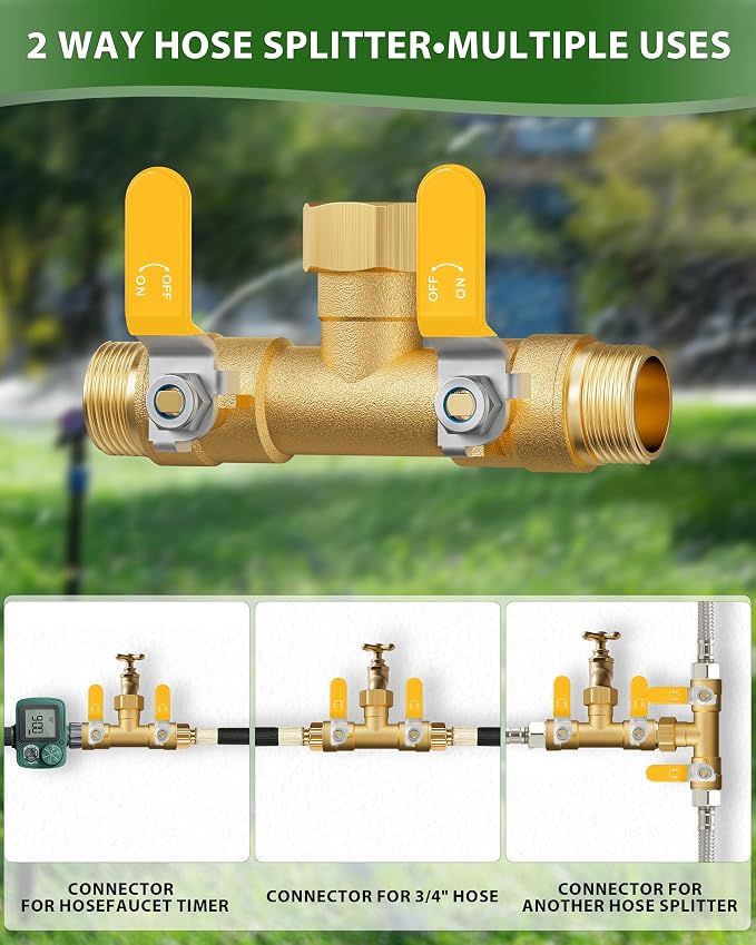 Hose Splitter 2 Way, Heavy Duty Brass Garden Hose Splitter | 0.59" Full Flow Ball Valve Outlet, Shut-Off Valve, 3/4" GHT Thread Water Hose Connector For Outdoor Spigot Faucet (Yellow)