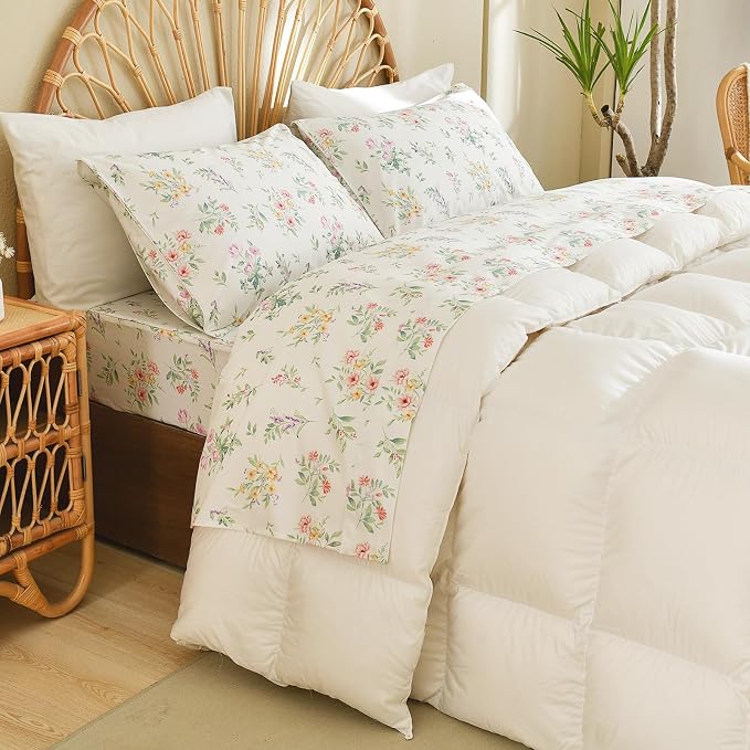 QSH Green Floral Egyptian Cotton Sheets King Size, Yellow Flowers Pattern Printed Bed Sheets Sets King Size Botanical Aesthetic Extra Soft and Breathable 17.5" Deep Pockets Bedding Sheets 4pcs