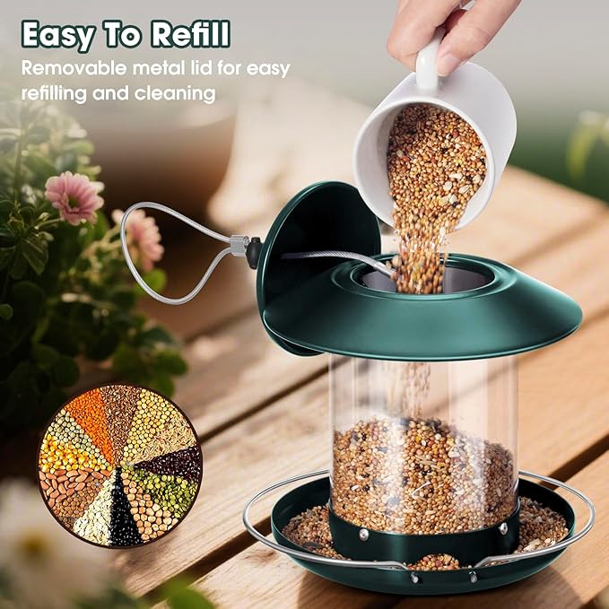 Bird Feeder, Hanging Metal Bird Feeders for Outdoors with 2LB Clear Tube Seed Capacity for Viewing Cardinal Finch, Chew Proof Wild BirdFeeders for Outside Garden Yard Decoration