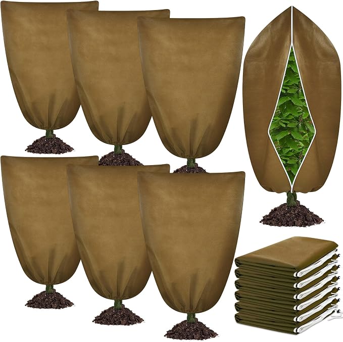 6 Pcs Winter Plant Covers Freeze Protection 48" x 72" 2.2oz Large Tree Wrap for Winter with Drawstring and Zipper Frost Blankets for Plants Frost Cloth Outdoor Cold (Brown)