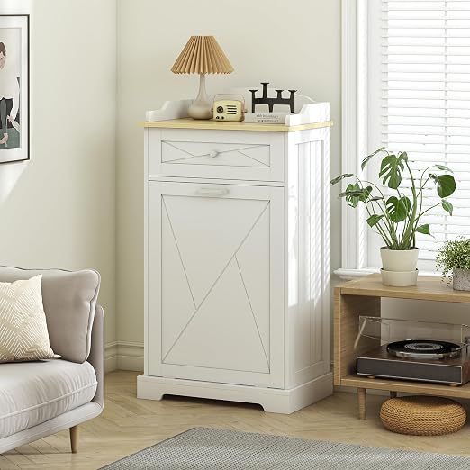 kepptory Tilt Out Trash Can Cabinet, 12 Gallon Farmhouse Laundry Hamper Cabinet with Drawer, Hidden Wooden Trash Garbage Can Bin with Storage Basket for Kitchen, Living Room (White)