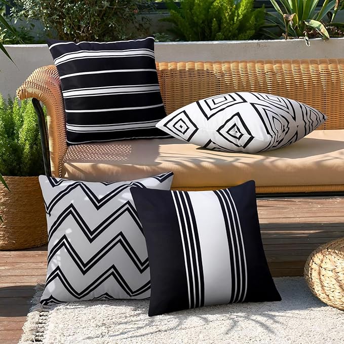 Adabana Outdoor Waterproof Pillow Covers 18x18 Inch Set of 4 Black and White Modern Geometric Throw Pillows Cover Decorative Boho Pillow Covers for Patio Garden Porch