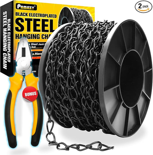 [Upgraded] 50FT Black Electroplated Steel Hanging Chain Roll, Pliers Included, 20LBS Load Capacity, Durable, Rust-Resistant, Adjustable Length for Hanging Bird Feeders, Planters, Lanterns, Billboards