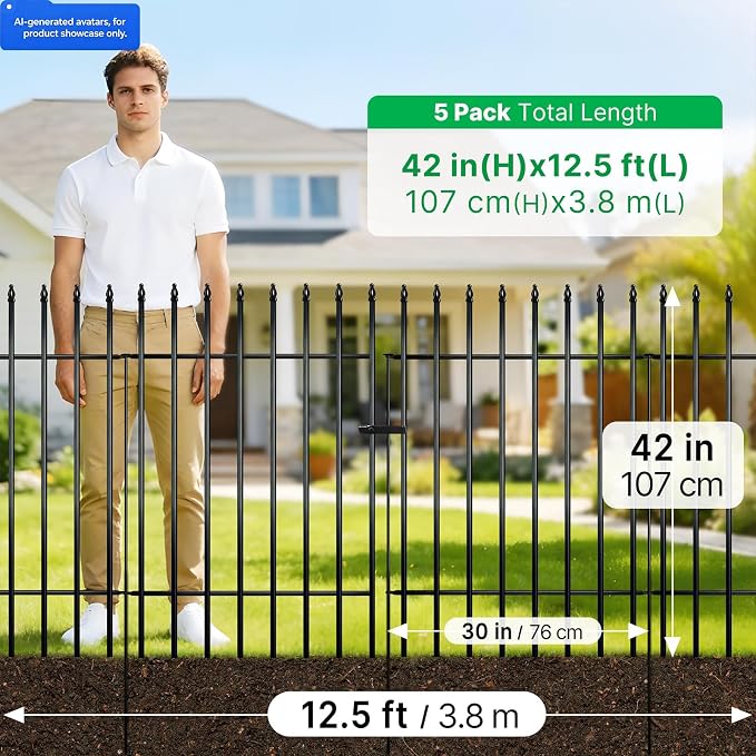 Thealyn Metal Garden Fence 42" H x 30" W, 5 Panels (4 Panels + 1 Gate), Total 12.5 feet, Metal Border Folding Fence, Landscape Fencing Dog Fence Pet Fence for Flower Bed, Yard, Animal Barrier