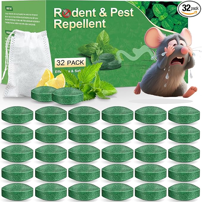 Mouse Rodent Repellent, 32 Pack Peppermint Oil Mice Repellent for Mice, Rats, Squirrels, Spiders and Pests, Indoor/Outdoor Natural Mouse Deterrent, Keeps Rodent Away from Garden & Home (Mint)