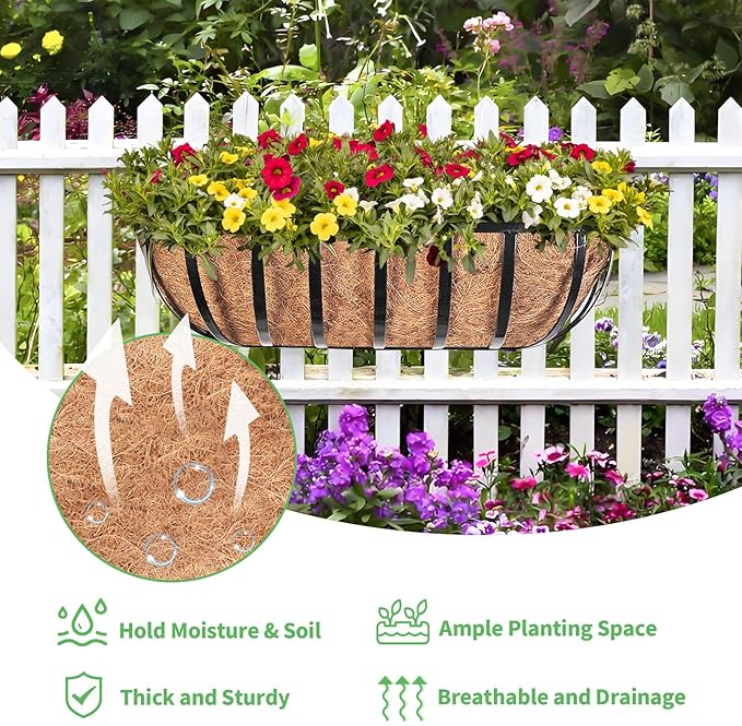 Legigo 2 Pack 24 Inch Window Boxes Railing Planter Box with Coconut Liner, Balcony Railing Planter Horse Trough Deck Window Planters, Metal Railing Hanging Flower Baskets for Outdoor Porch Fence Patio