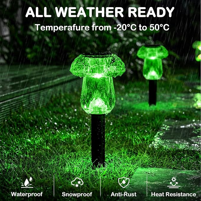 Solar Halloween Lights Outdoor 8 Pack Green Mushroom Pathway Decor | LED Waterproof Halloween Decorations for Garden Yard Driveway Garden Walkway Path Landscape Lawn Lighting
