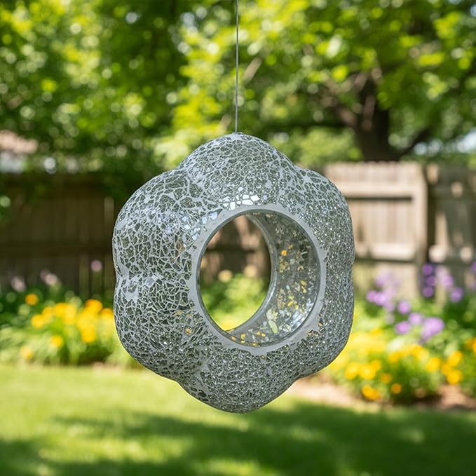 Sunnydaze 10-Inch Glass Mosaic Hanging Bird Feeder for Outdoors - Fly-Through Glass Bird Feeder for Cardinals, Jays, Finches and More - Mirrored Diamond Flower