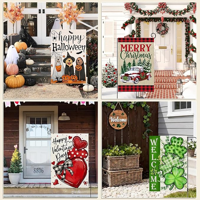 Linen Seasonal Garden Flags Set of 12, Double Sided 12 x 18 Inch Garden Flags, Small Yard Flags for Outside, Summer Fall Halloween Christmas Holiday Garden Flag Outdoor Decor for All Seasons