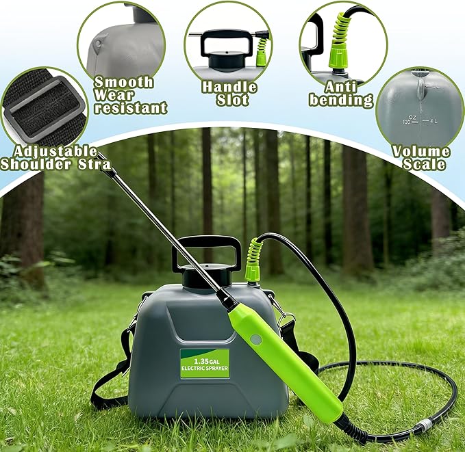 1.35 Gallon Battery Powered Sprayer, Covers 3,000 Sq Ft per Tank – Electric Sprayer with 3 Interchangeable Nozzles, Adjustable Shoulder Strap for Lawn, Garden, Weed Control – Gray