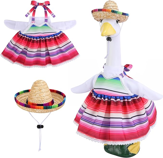 Watayo 2 Pcs/Set Mexican Porch Goose Outfits, Lawn Goose Clothing Costume for Cinco De Mayo, Garden Goose Clothes Striped Dress Mexican Sombrero for 23" High Statue Outdoor Patio Yard Decor (B Style)