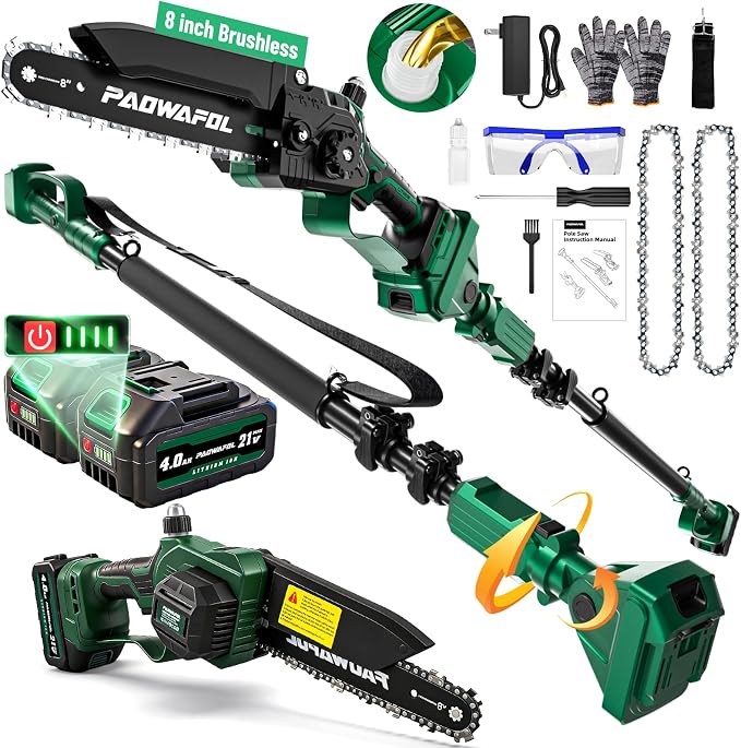 2-in-1 Electric Pole Saws for Tree Trimming, 8 Inch Cordless Mini Chainsaw with 15 FT Extension Pole, Pole Saw Battery Powered with 2*4.0Ah Battery, Tree Trimmer Pole Saw for Branch Cutting