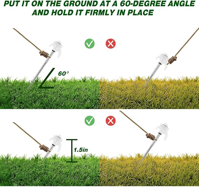 Yaocom 40 Pcs 8" Screw in Tent Stakes Heavy Duty Tent Stakes Drillable Ground Anchors Screw Metal Tent Pegs Threaded Tent Spikes with Head Driver for Swing Inflatable Decor (Illuminant White)