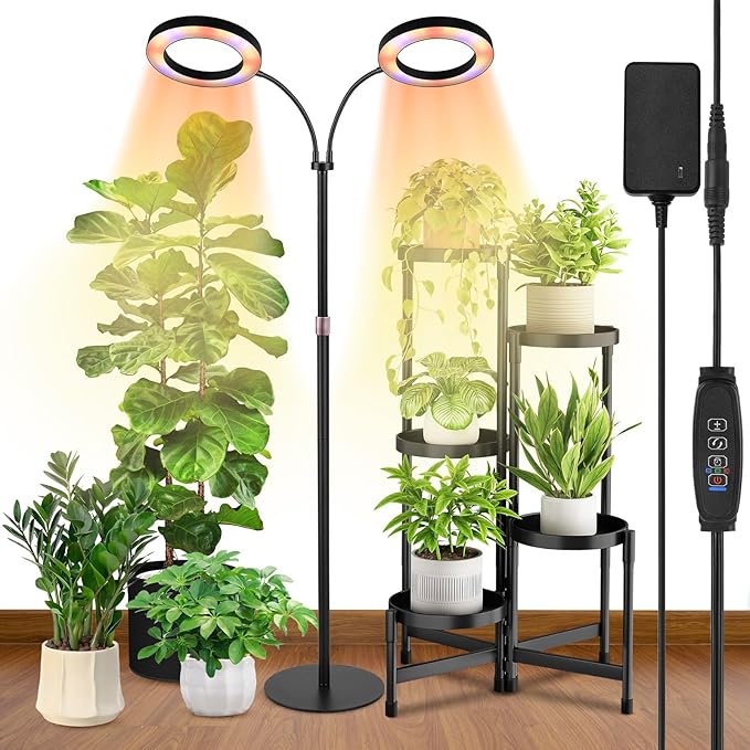 Dual-Head Grow Lights for Indoor Plants, LED Full Spectrum Floor Plant Lamp with Timer 3/9/12H, 10 Dimmable Levels, Flexible Gooseneck, Height Adjustable 23"-67" for Large Houseplants