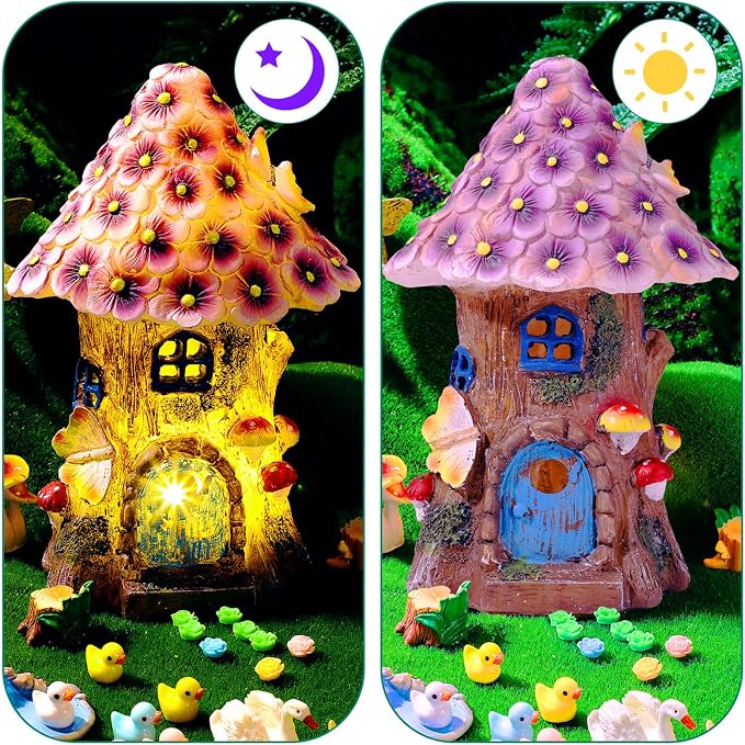 Poen 8'' Solar Light up Fairy House Garden 6-8 Fairy Figures Garden Accessories Kit Animals Doll House Decor Outdoor Micro Landscape Ornaments(Purple)