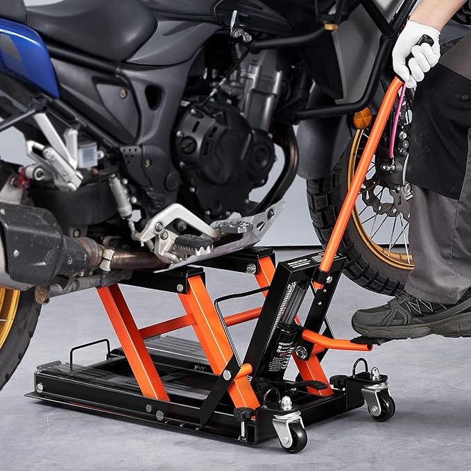 VEVOR Hydraulic Motorcycle Lift Jack 1500 LBS Capacity ATV Scissor Lift Jack Portable Motorcycle Lift Table with 4 Wheels Hydraulic Foot-Operated Hoist Stand for Motorcycle ATV UTV Powersports