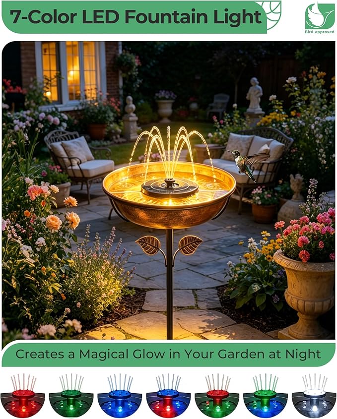 Metal Bird Bath with Solar Fountain - 13" Outdoor Birdbath Bowl + 6.3" Solar Pump with Battery LED Lights & with 4 Fixed Rods | Garden Bird Bath for Yard, Lawn, Patio, Flowing Water Feature