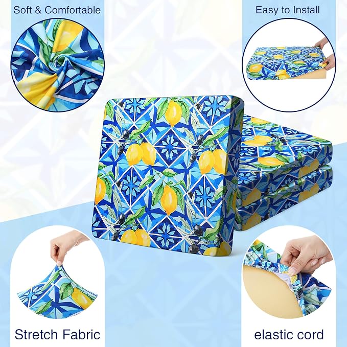 Newwiee 12 Pcs Patio Cushion Covers Outdoor Stretch Sofa Couch Cover Replacement Couch Slipcover Sofa Seat Chair Porch Patio Furniture Protector, Flexibility Washable(Blue Series,Yellow Lemon)