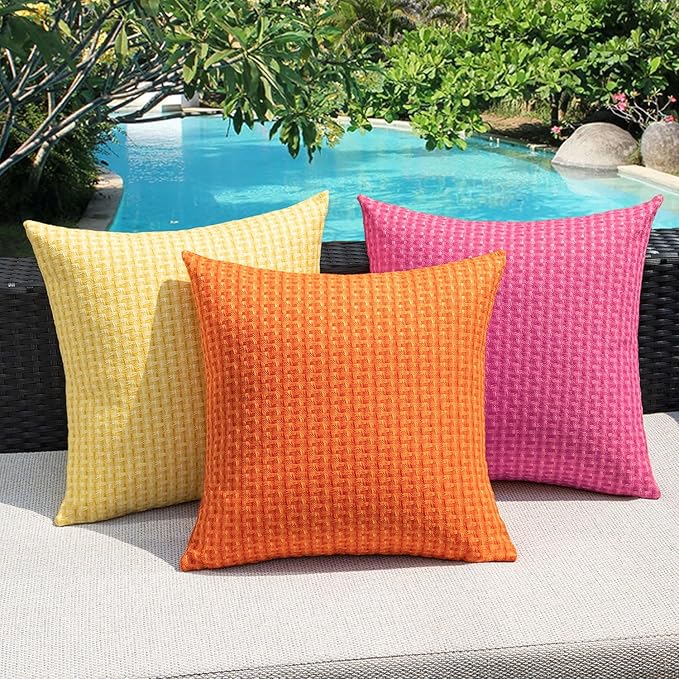 Kevin Textile Outdoor Waterproof Throw Pillow Covers Pack of 2 Valentines Weaving Texture Water Resistant Decorative Cushion Covers for Garden Patio Tent Balcony Bench Couch 16x16 Inch, Hot Pink