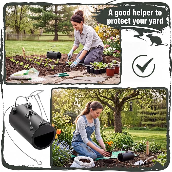 Qualirey 4 Pack Black Hole Gopher Trap with Leash, Tunnel Mole Trap Reusable Vole Traps Outdoor Rodent Control for Yard, Garden, Lawn and Farm, 6.3 x 3.5 Inch