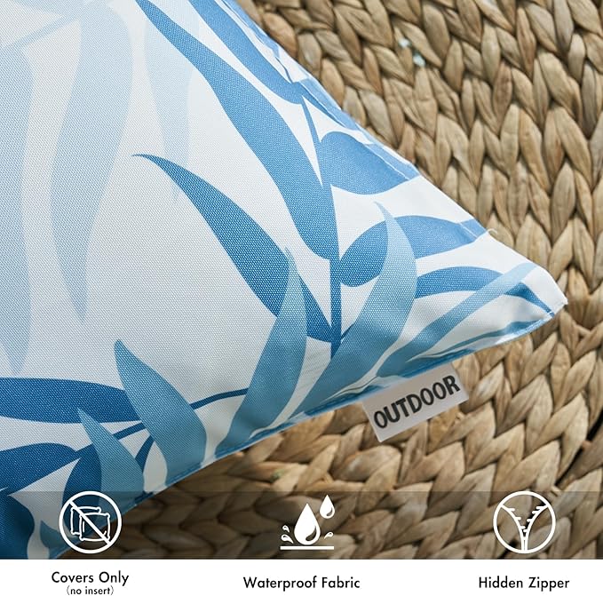 MIULEE Pack of 2 Decorative Outdoor Waterproof Throw Pillow Covers Patio Pillow Cases Natural Leaves Pattern Spring Square Cushion Shams Shell for Garden Balcony Couch 20x20 Inch, Light Blue