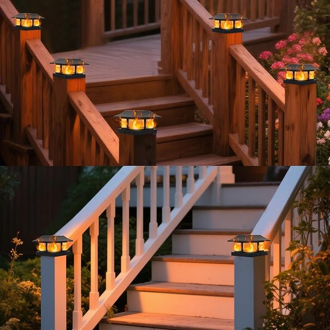 Dynaming Solar Flame Post Cap Lights Outdoor, Solar Powered Fence Post Light, Flickering Flame LED Lantern Lamps Waterproof for Garden Deck Patio, Fit 4x4 Wooden/Vinyl Posts, 6 Pack