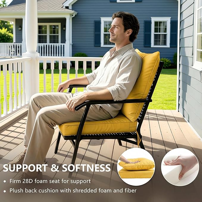 24x24 Inch Outdoor Chair Cushions Set of 2, Patio Furniture Cushions - Removable Cover, Water-Repellent, Fade-Resistant, Non-Slip Bottom & Straps, Replacement for Deep Seat Sofa & Couch - Yellow