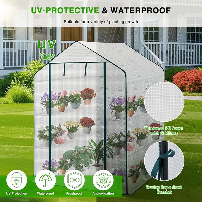 Yesker Greenhouse 57.5"x57"x77" Walk in Green House - Large Outdoor/Indoor Greenhouses with 8 Shelves Waterproof PE Cover & Windows, Portable Greenhouse Kit for Winter Backyard Gardening Patio, White