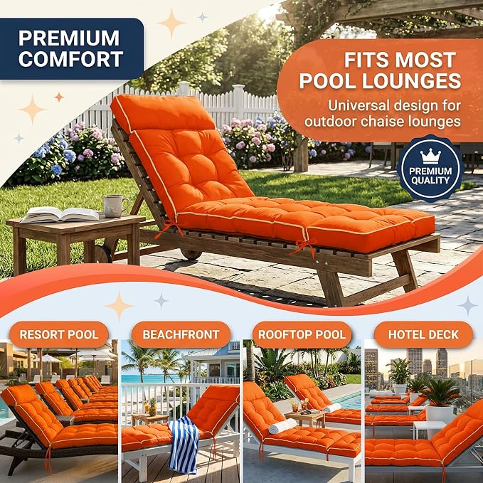 MAGIC ELEPHANT Chaise Lounge Cushions Outdoor, Memory Foam Replacement Patio Pool Lounge Chair Cushion with Ties for Outdoor Furniture, 74 x 22 x 4 Inch (Orange)