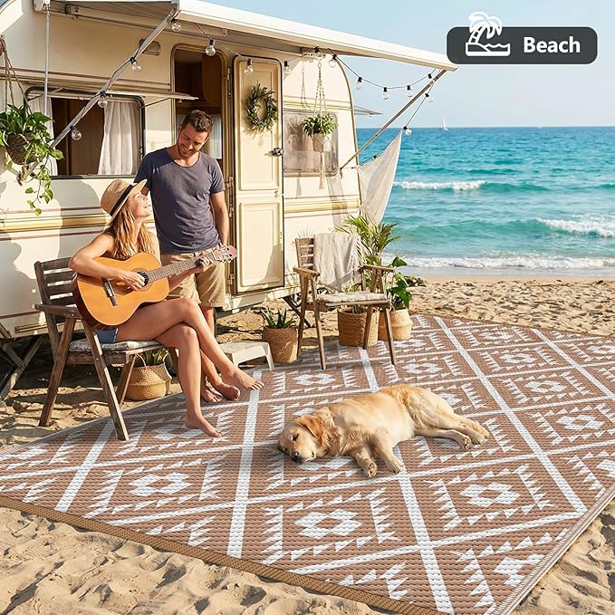 COOLTOP 9'x18’ Outdoor Rug for Patios Porches, Waterproof Plastic Camping Rugs, Modern Reversible Mat, Large Area Rugs for Backyard, Deck, RV, Balcony, Picnic, Beach, Khaki & White