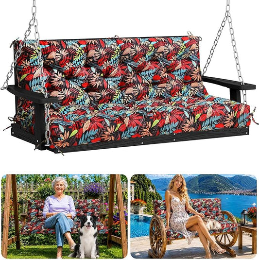 Porch Swing Cushions 48 inch Waterproof & Fade Resistant Thicken 5" Outdoor Swing Cushions 2 Seater Replacement with Backrest & Ties Patio Swing Cushions for Outdoor Furniture (Red Leaves)